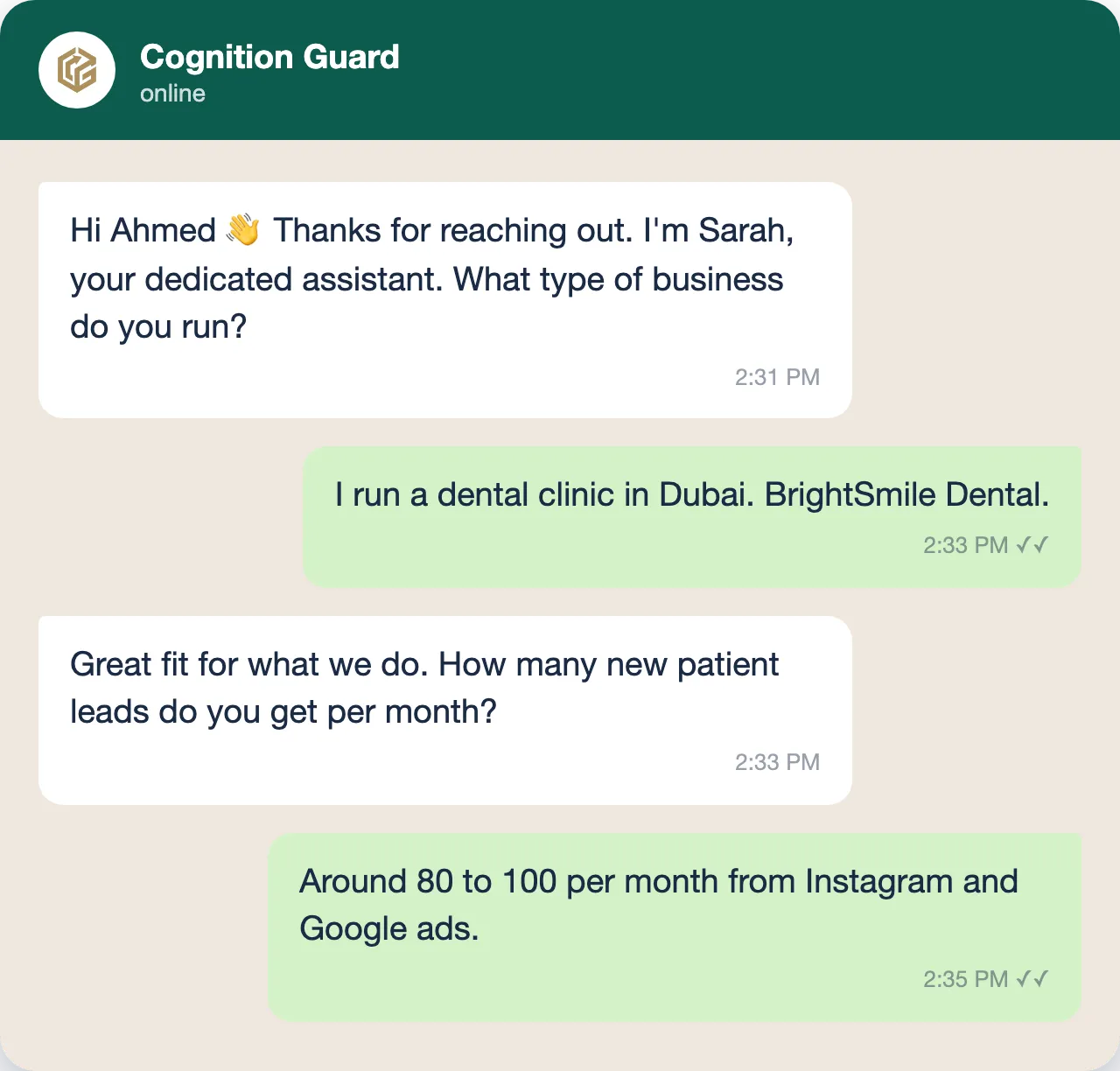 A WhatsApp conversation showing Revenue Shield's AI assistant qualifying a dental clinic lead in real time